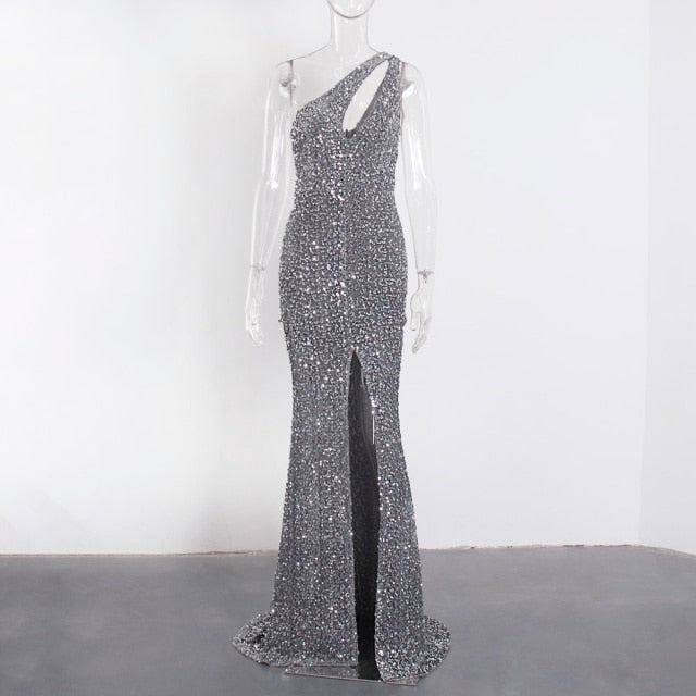 Sexy Hole Cut Out Grey Sparkle Sequins Maxi Dress InsStreet