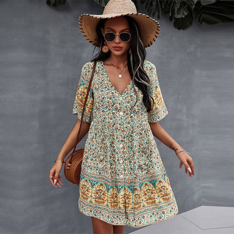 Casual V Neck Bohemian Short Sleeve Dress InsStreet