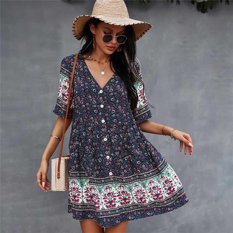 Casual V Neck Bohemian Short Sleeve Dress InsStreet