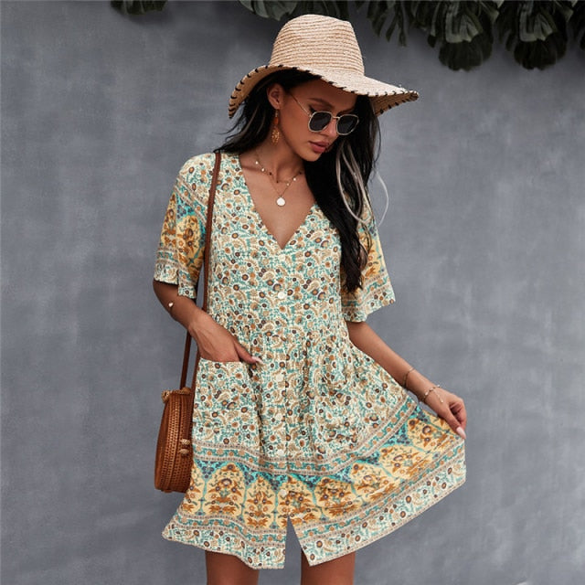 Casual V Neck Bohemian Short Sleeve Dress InsStreet