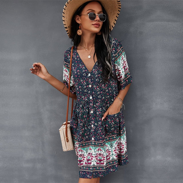 Casual V Neck Bohemian Short Sleeve Dress InsStreet