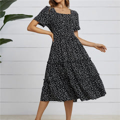 Casual Short Sleeve Square Collar Ruffles Chiffon Dress InsStreet