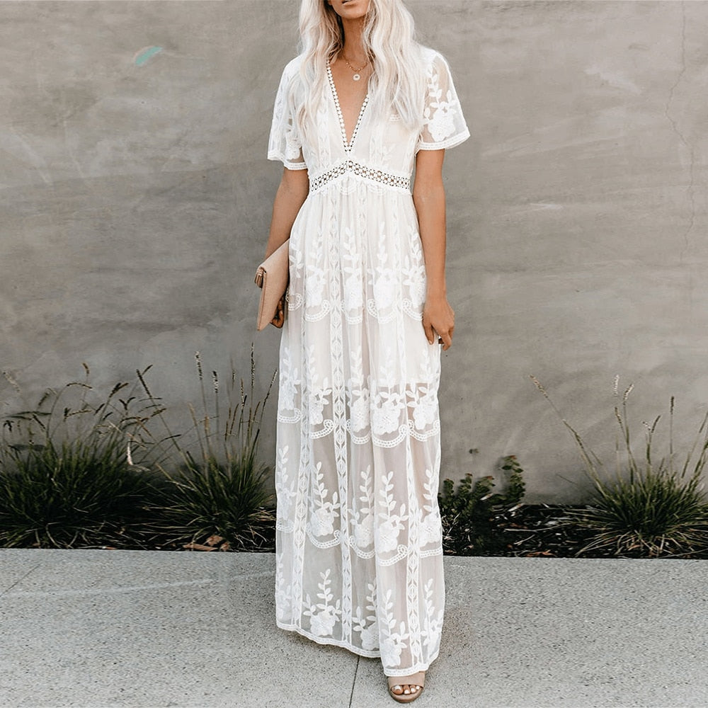 Loose Embroidery White Lace long Tunic Beach Dress InsStreet