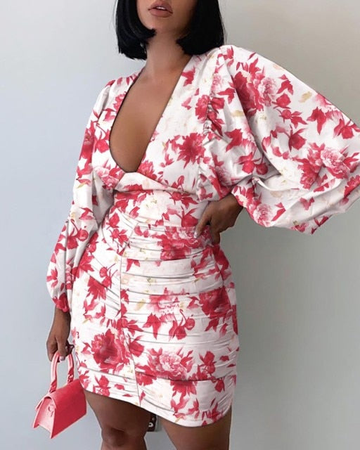 Sexy Puff Lantern Sleeve Plunge Floral Print Dress InsStreet