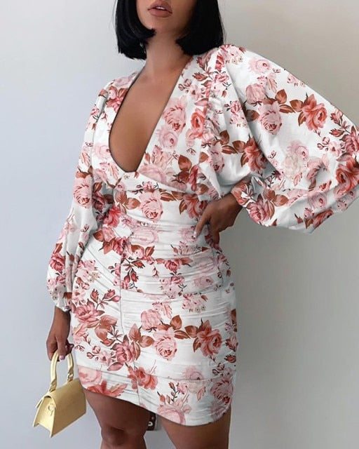 Sexy Puff Lantern Sleeve Plunge Floral Print Dress InsStreet