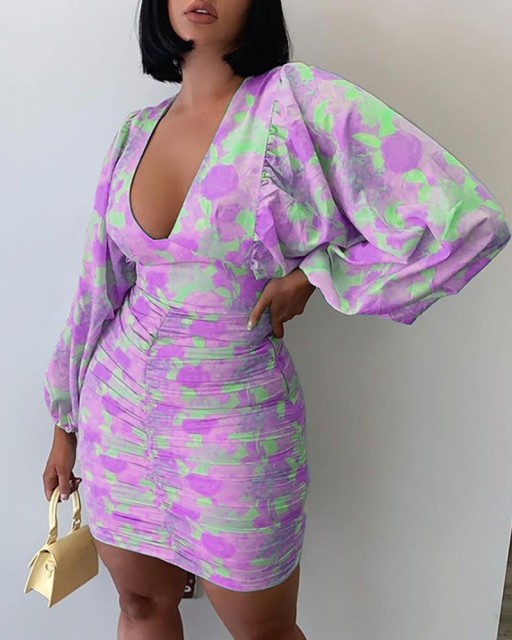 Sexy Puff Lantern Sleeve Plunge Floral Print Dress InsStreet