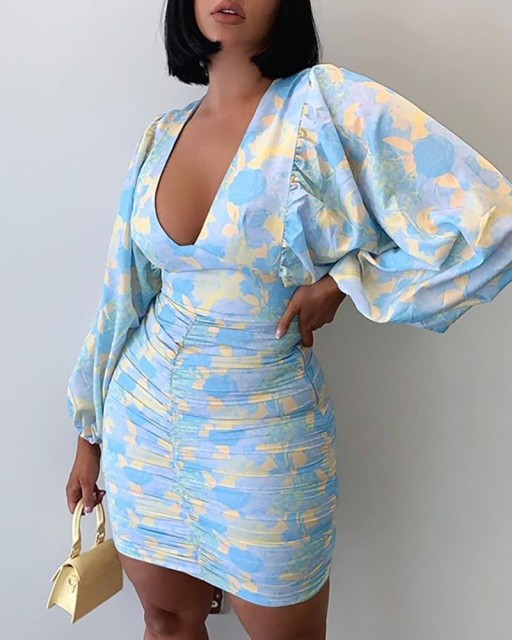 Sexy Puff Lantern Sleeve Plunge Floral Print Dress InsStreet