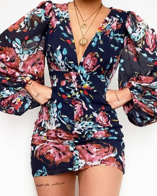 Sexy Puff Lantern Sleeve Plunge Floral Print Dress InsStreet