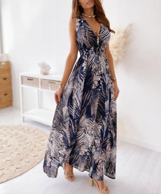 Sexy Deep V-Neck Ankle-Length Beach Party Dress InsStreet