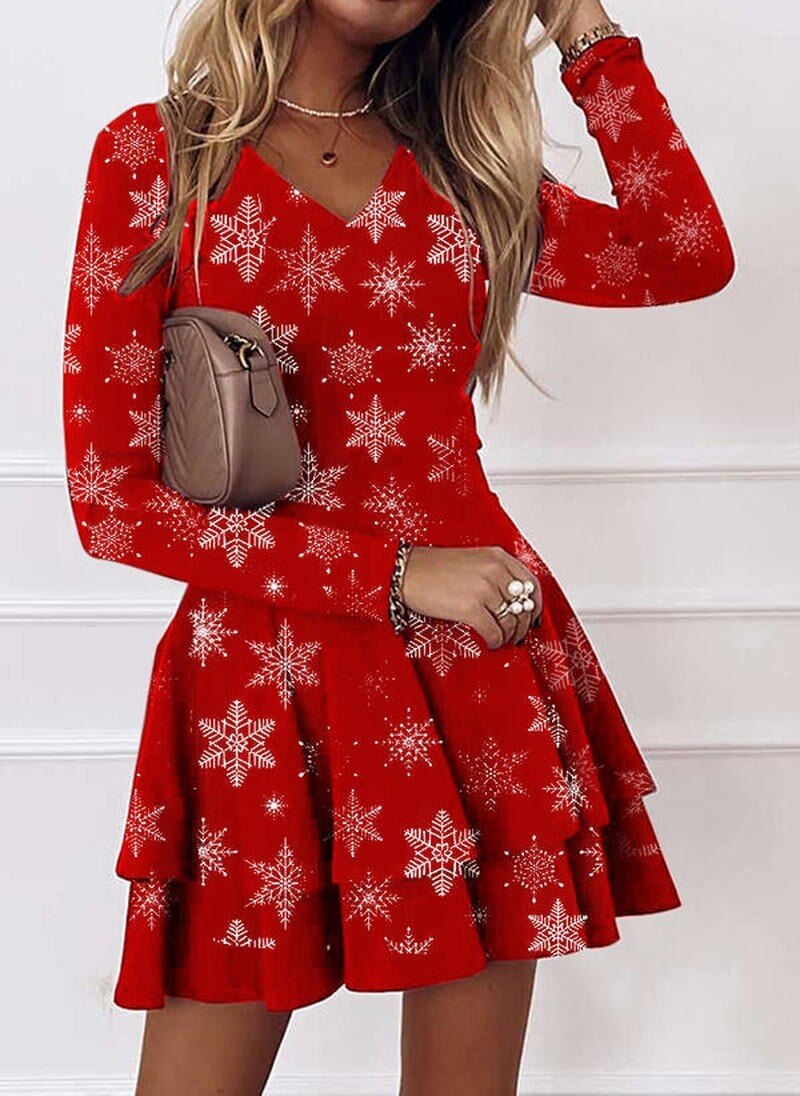 Long Sleeve V-neck Snowflake Print Dresses InsStreet