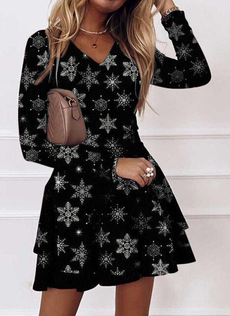 Long Sleeve V-neck Snowflake Print Dresses InsStreet