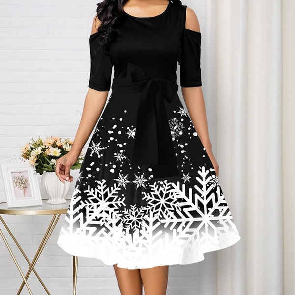 Long Sleeve V-neck Snowflake Print Dresses InsStreet