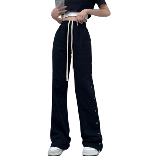 Sporty Side Button Wide Leg Track Pants InsStreet