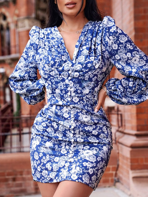 Sexy Puff Lantern Sleeve Plunge Floral Print Dress InsStreet