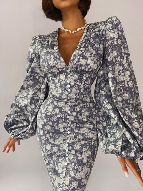 Sexy Puff Lantern Sleeve Plunge Floral Print Dress InsStreet