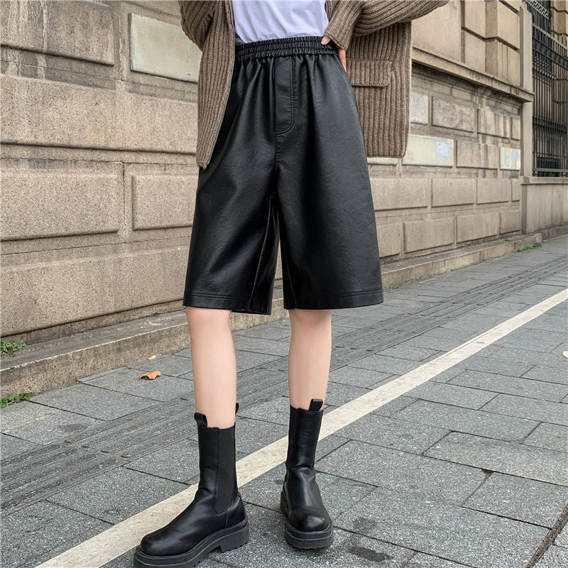 Loose Elastic Wide Leg PU Leather Shorts InsStreet