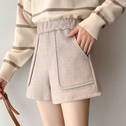 Fashion Solid Wide Leg Woolen Shorts InsStreet