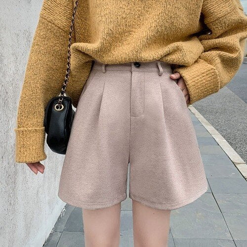 Fashion Solid Wide Leg Woolen Shorts InsStreet