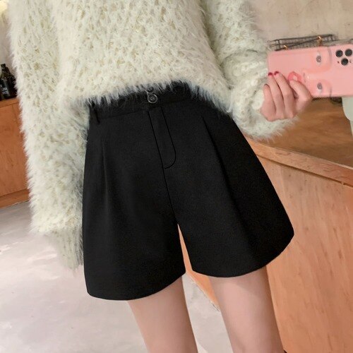 Fashion Solid Wide Leg Woolen Shorts InsStreet