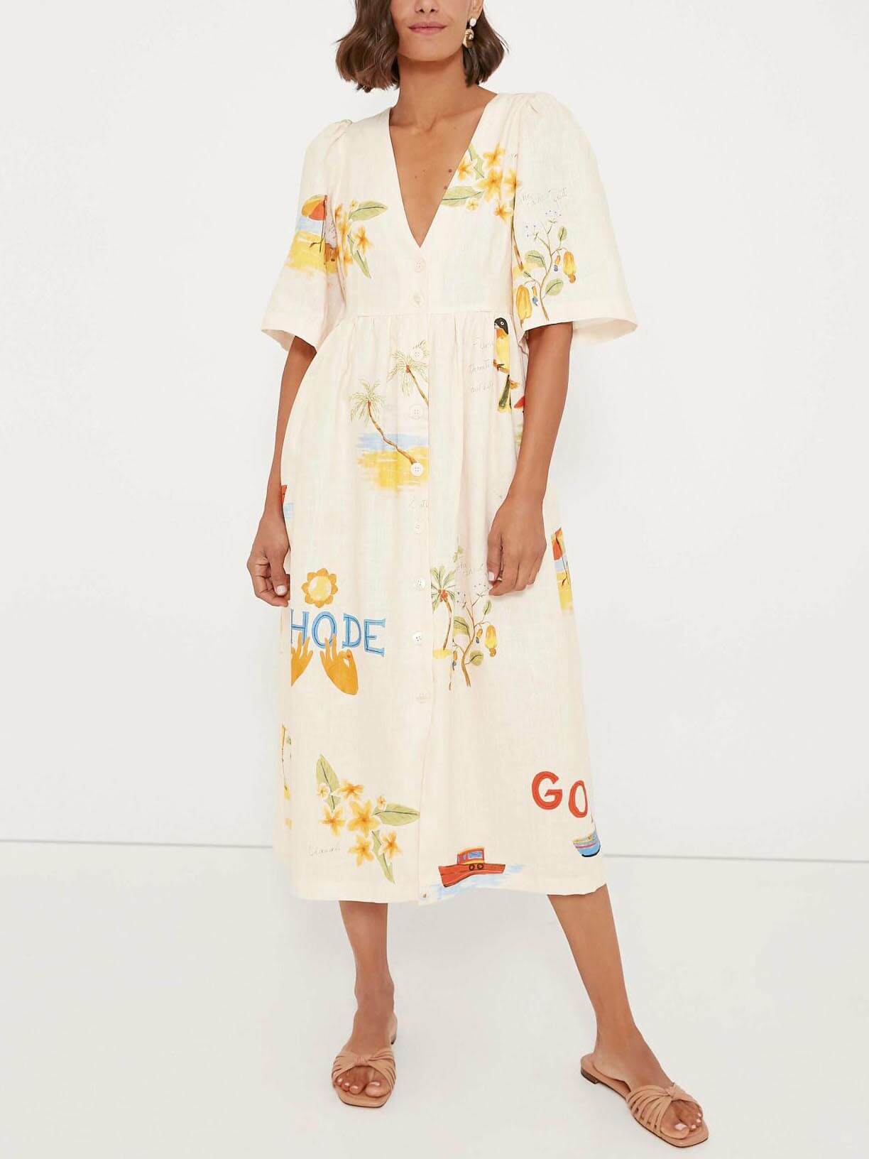 Unique Holiday Folk Floral Graceful Print Puff Sleeve Midi Dress InsStreet