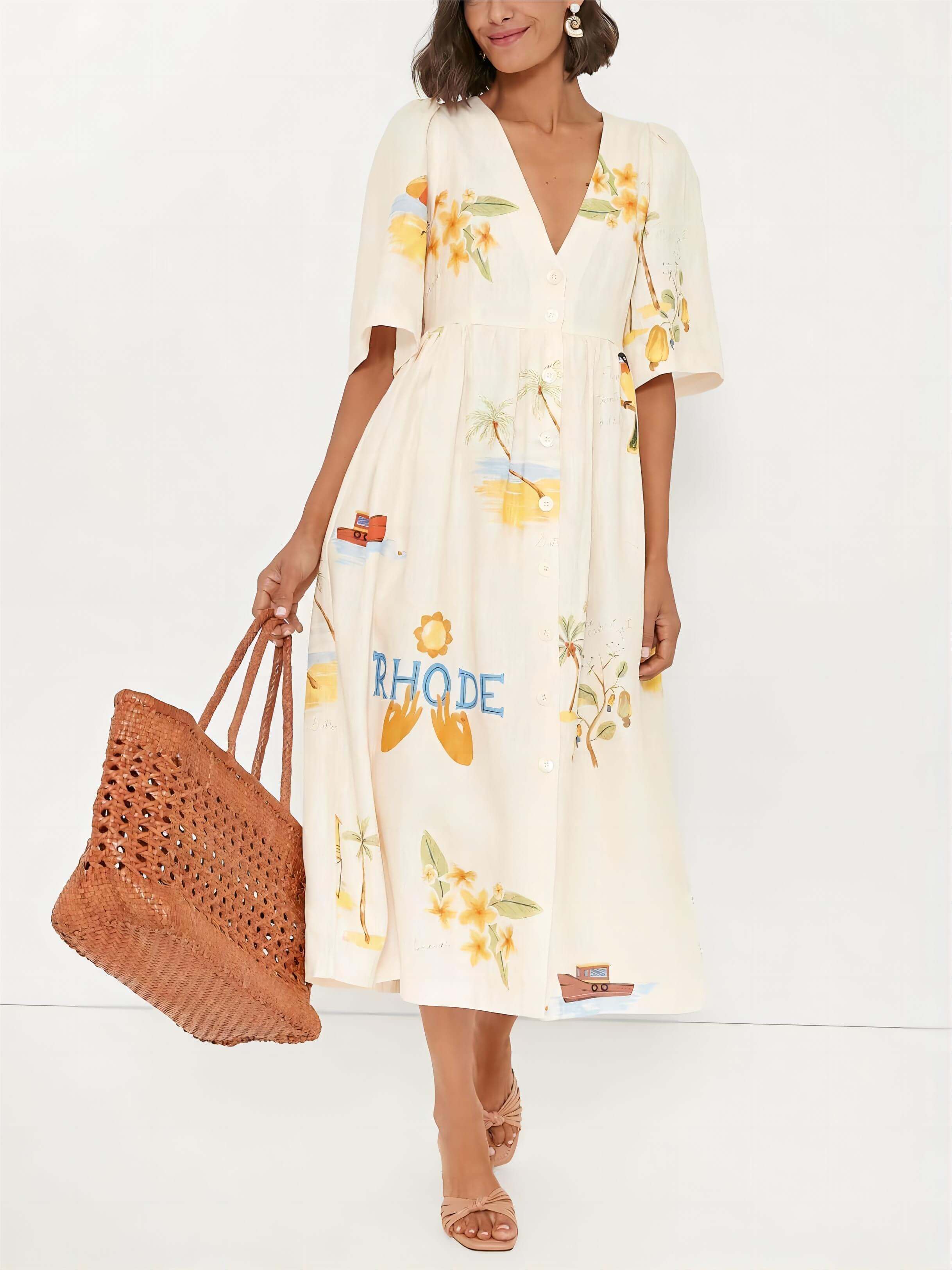 Unique Holiday Folk Floral Graceful Print Puff Sleeve Midi Dress InsStreet