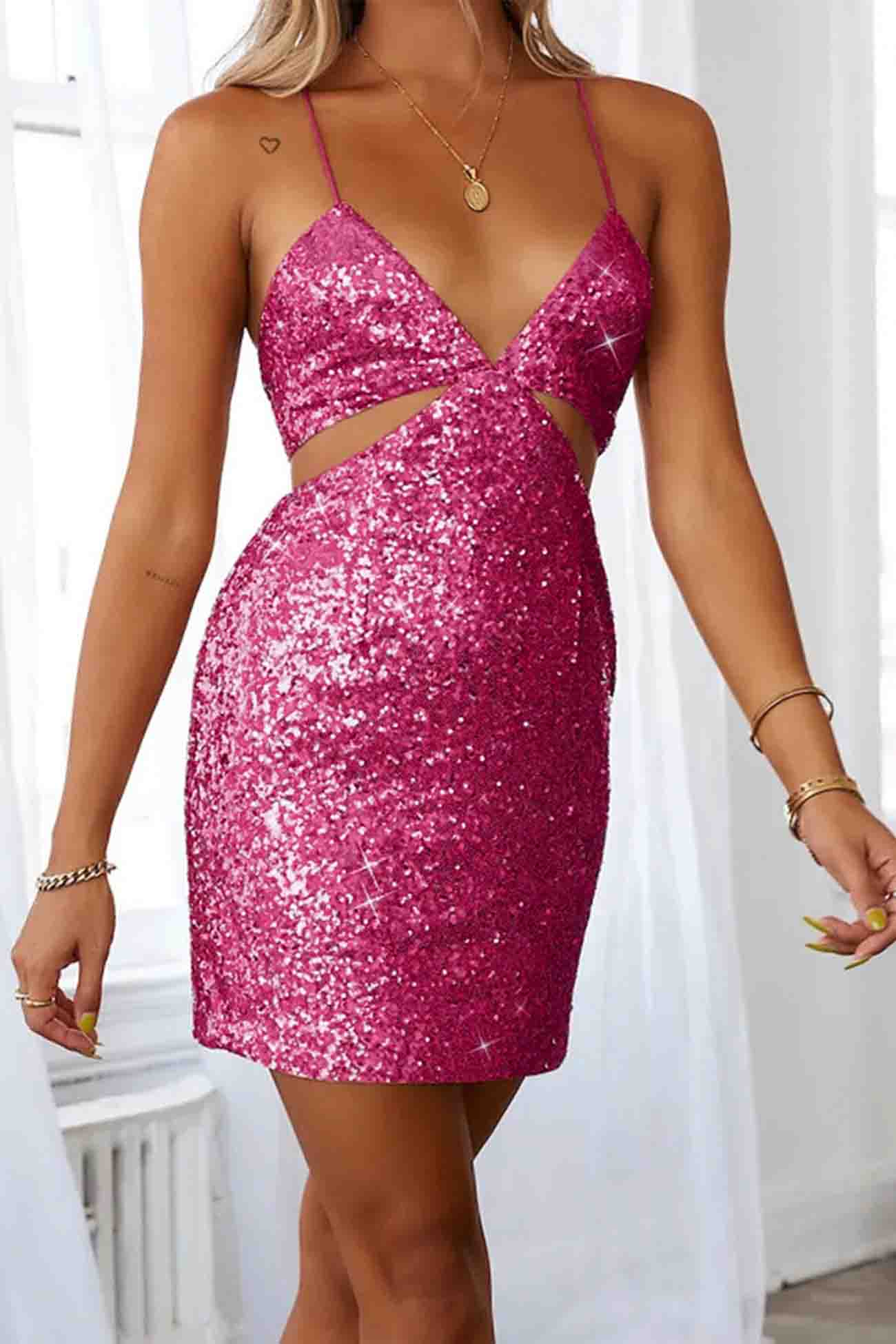 Sequined V Neck Backless Cutout Dress InsStreet