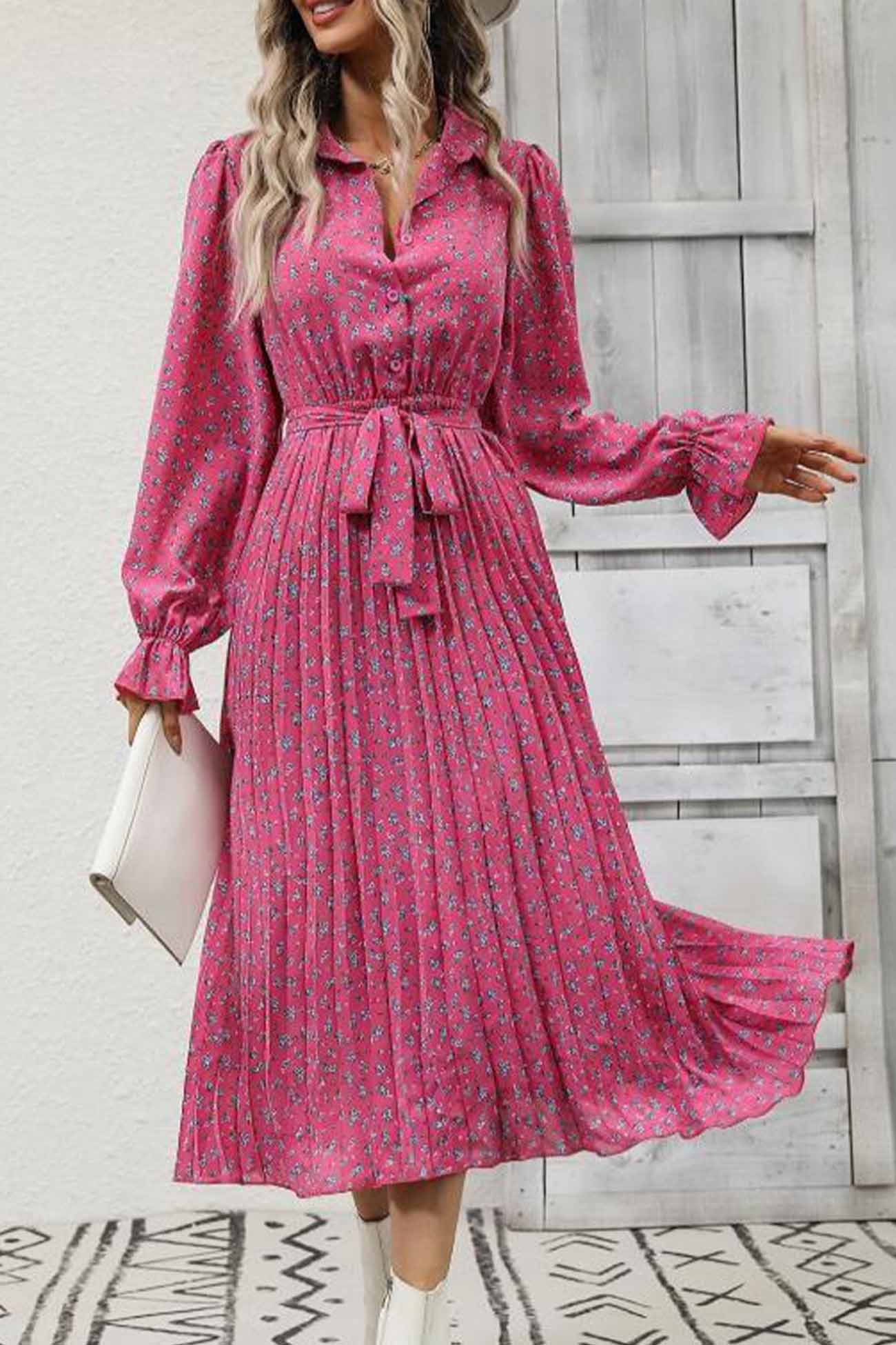 Floral Tie Waist Long Sleeve Pleated Midi Dress InsStreet