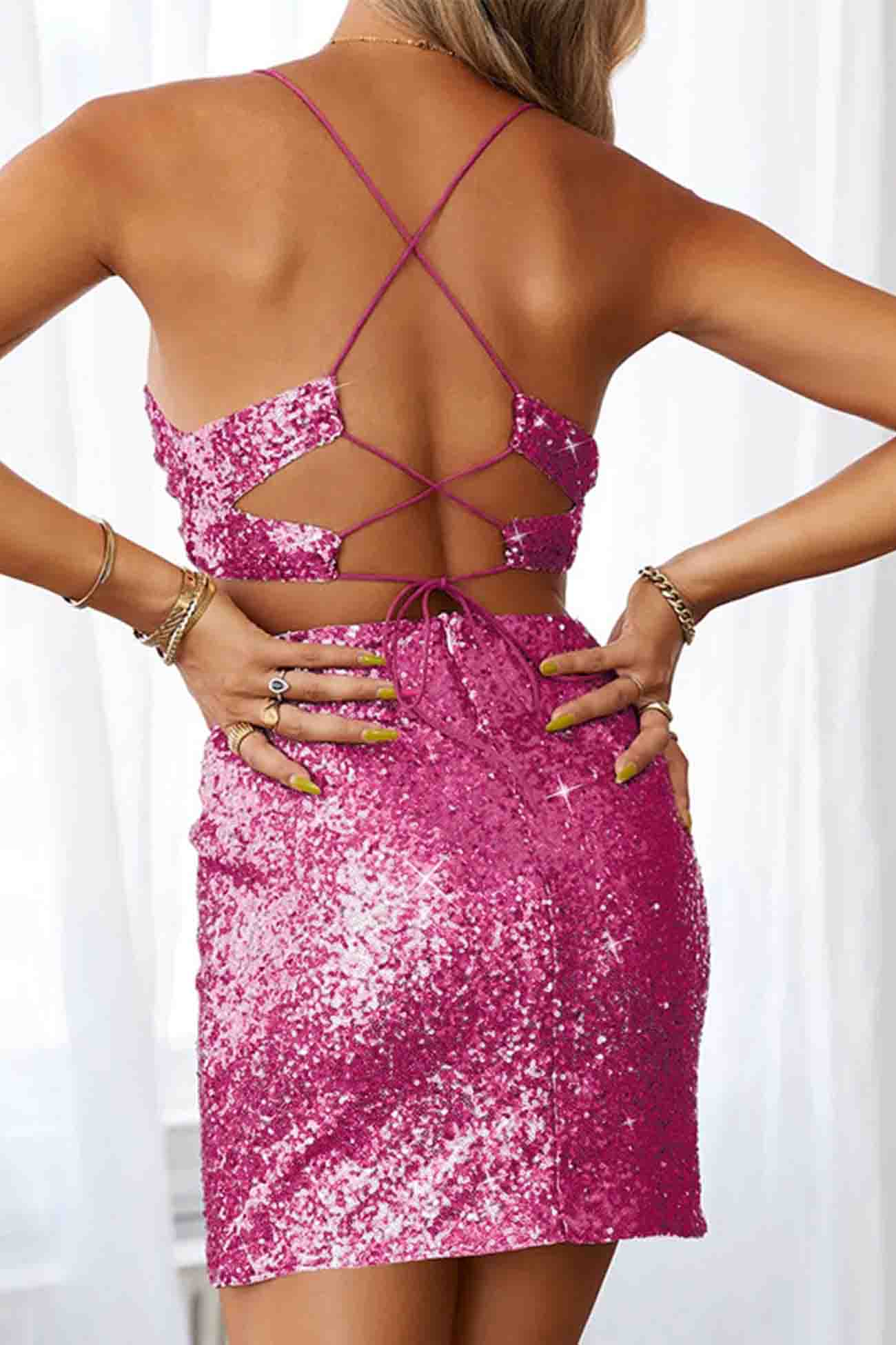 Sequined V Neck Backless Cutout Dress InsStreet