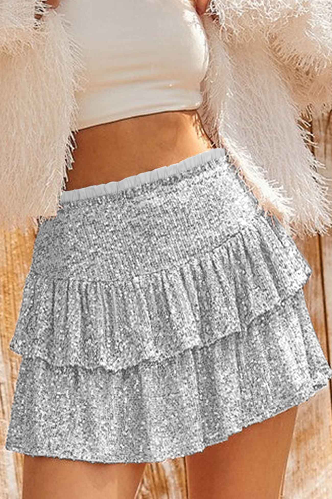 Mini Tiered Sequined Folded Skirt InsStreet