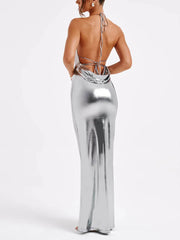 Spring Swing Collar Glossy Graceful Metallic Backless Maxi Dress InsStreet