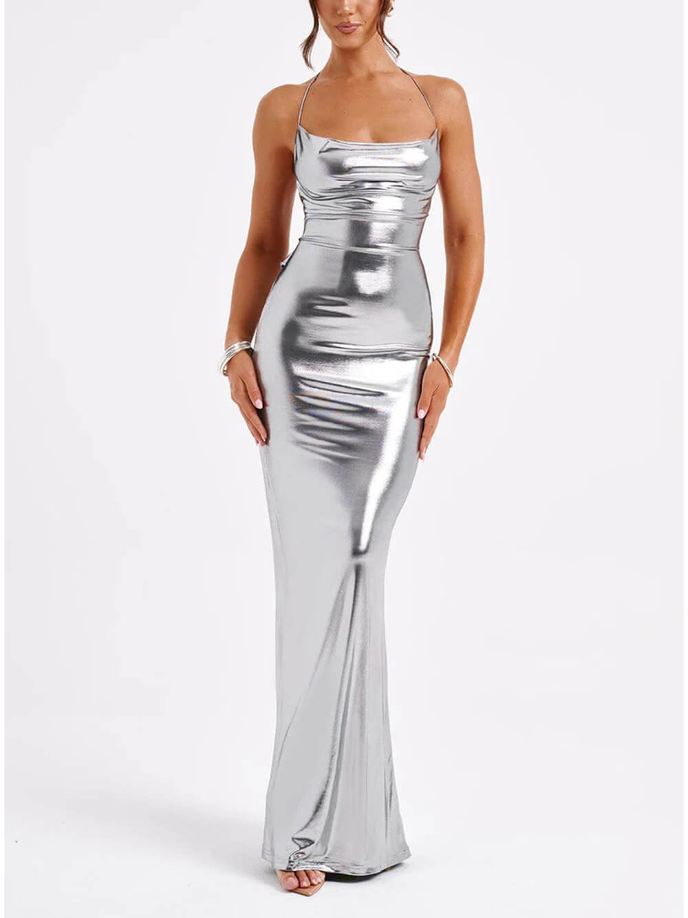 Spring Swing Collar Glossy Graceful Metallic Backless Maxi Dress InsStreet