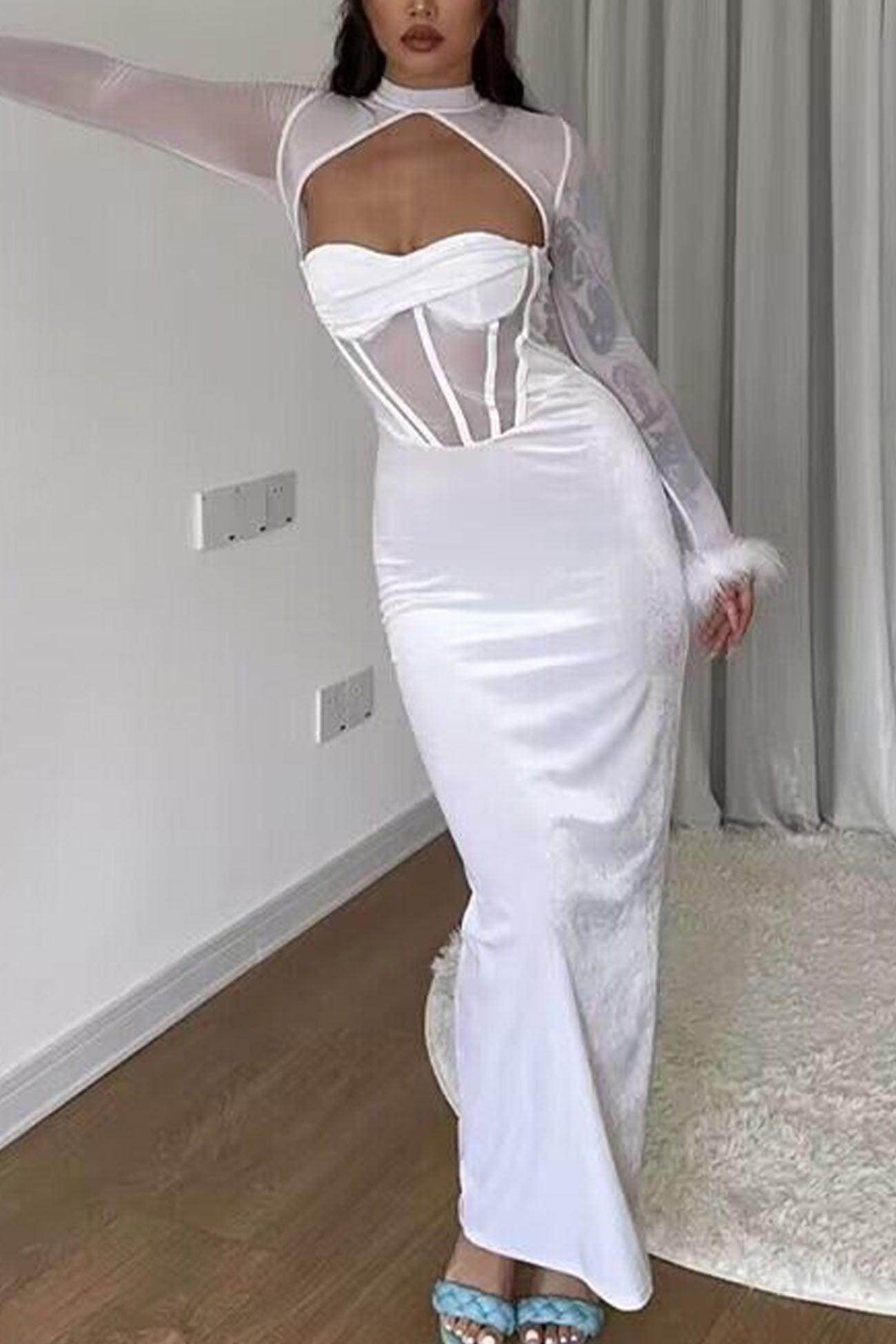 Plush Mesh Patchwork Corset Midi Dress with Hollow Detail InsStreet