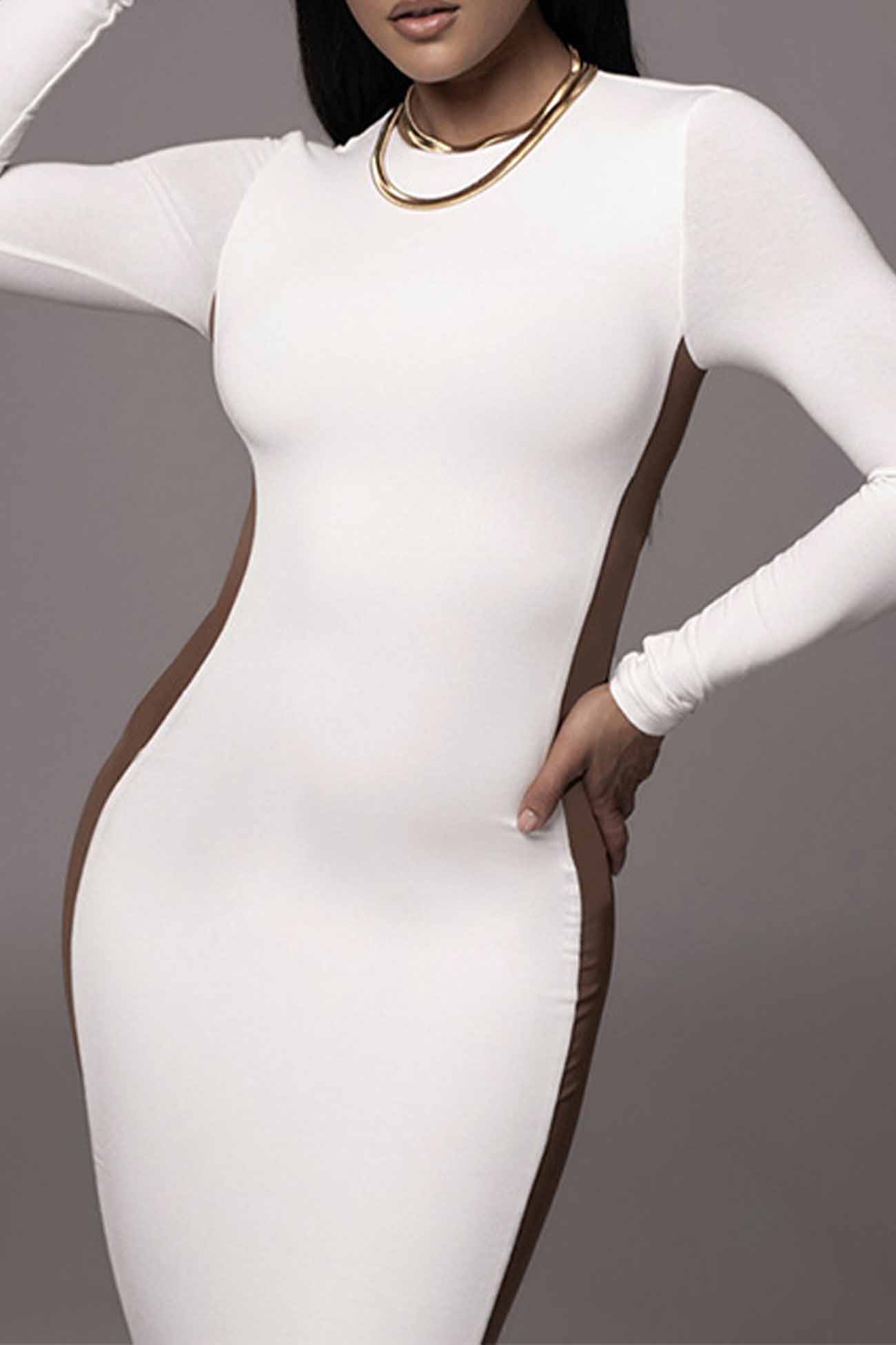 Crew Neck Long Sleeve Slit Midi Dress InsStreet