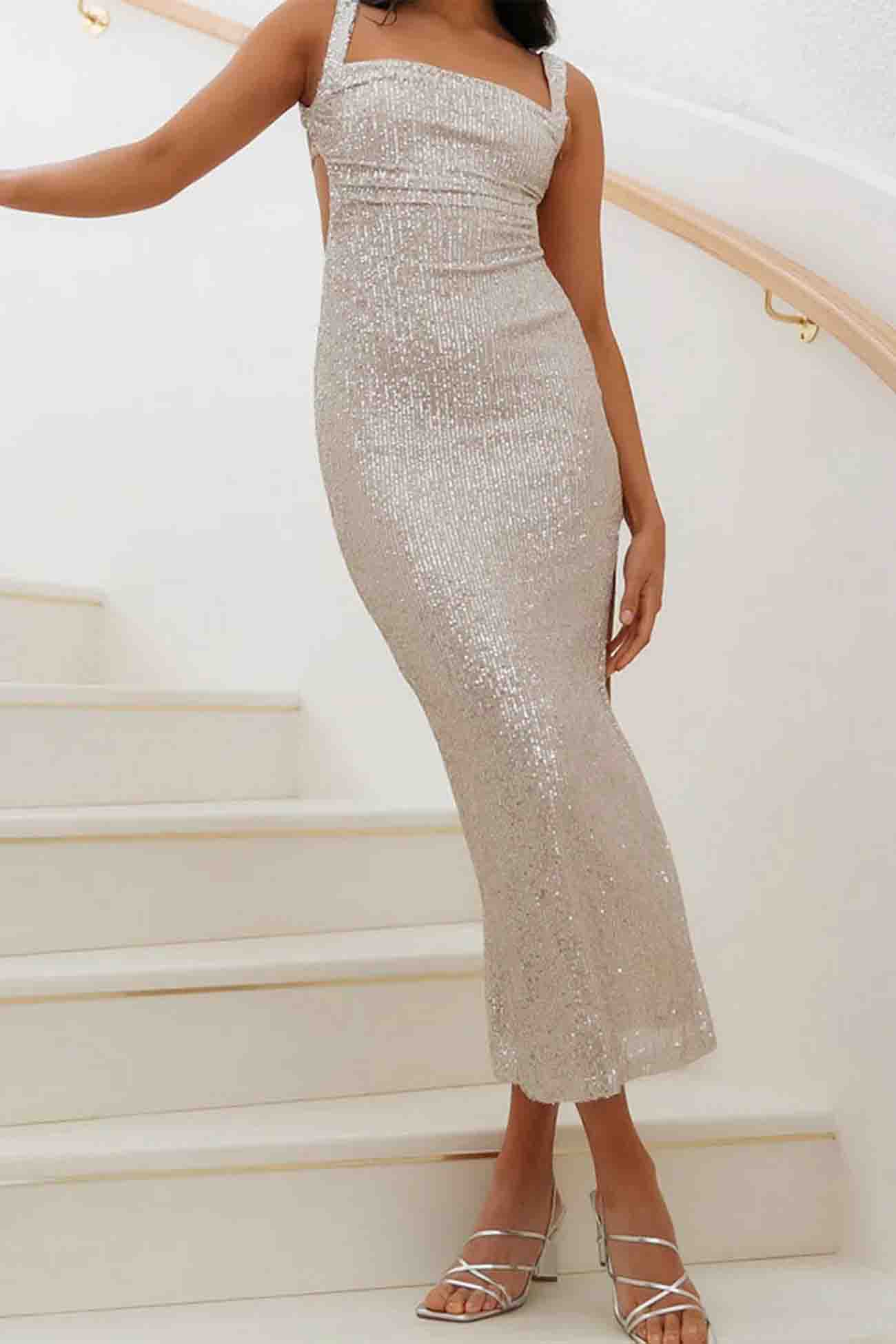 Sequined Backless Dress with Irregular Straps InsStreet