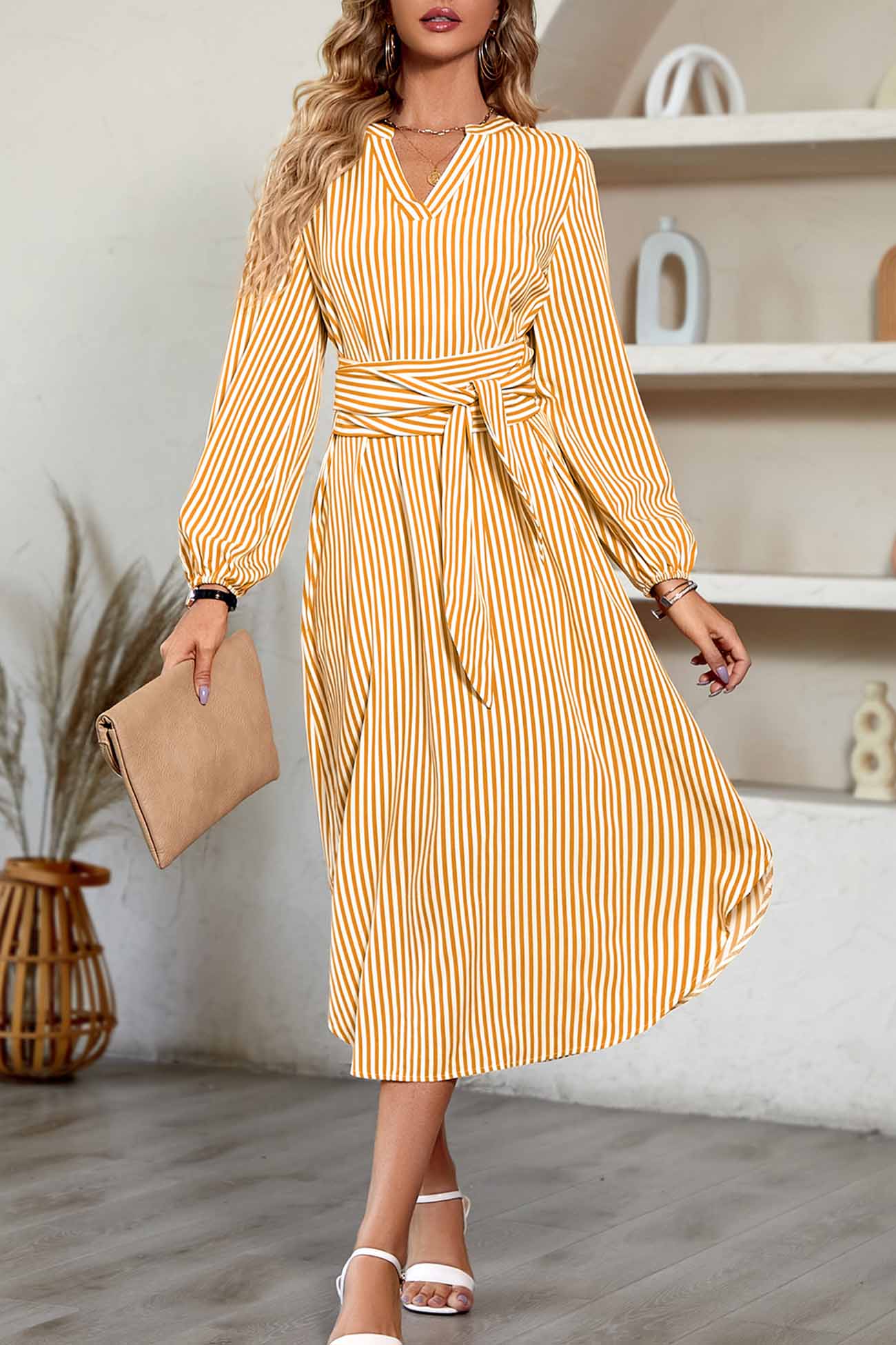 Striped V Neck Tie Waist Long Sleeve Midi Dress InsStreet