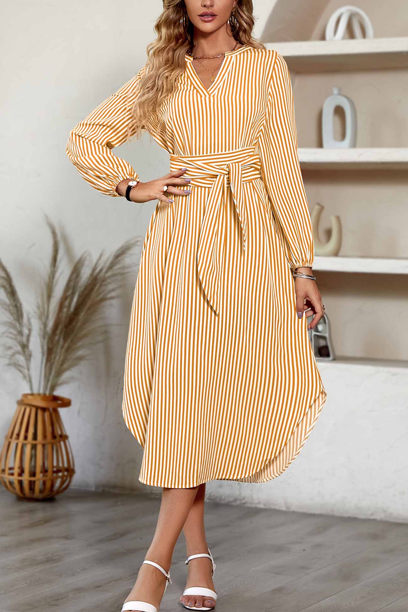 Striped V Neck Tie Waist Long Sleeve Midi Dress InsStreet
