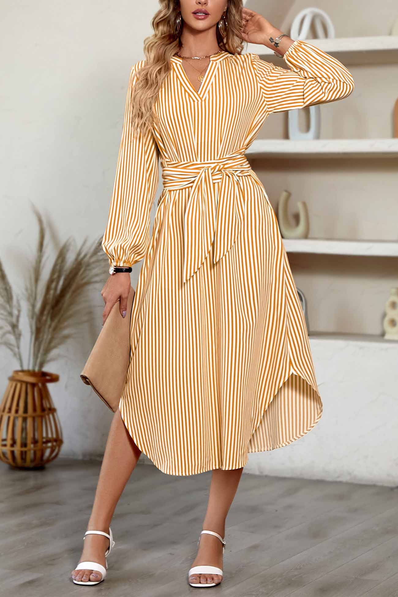 Striped V Neck Tie Waist Long Sleeve Midi Dress InsStreet