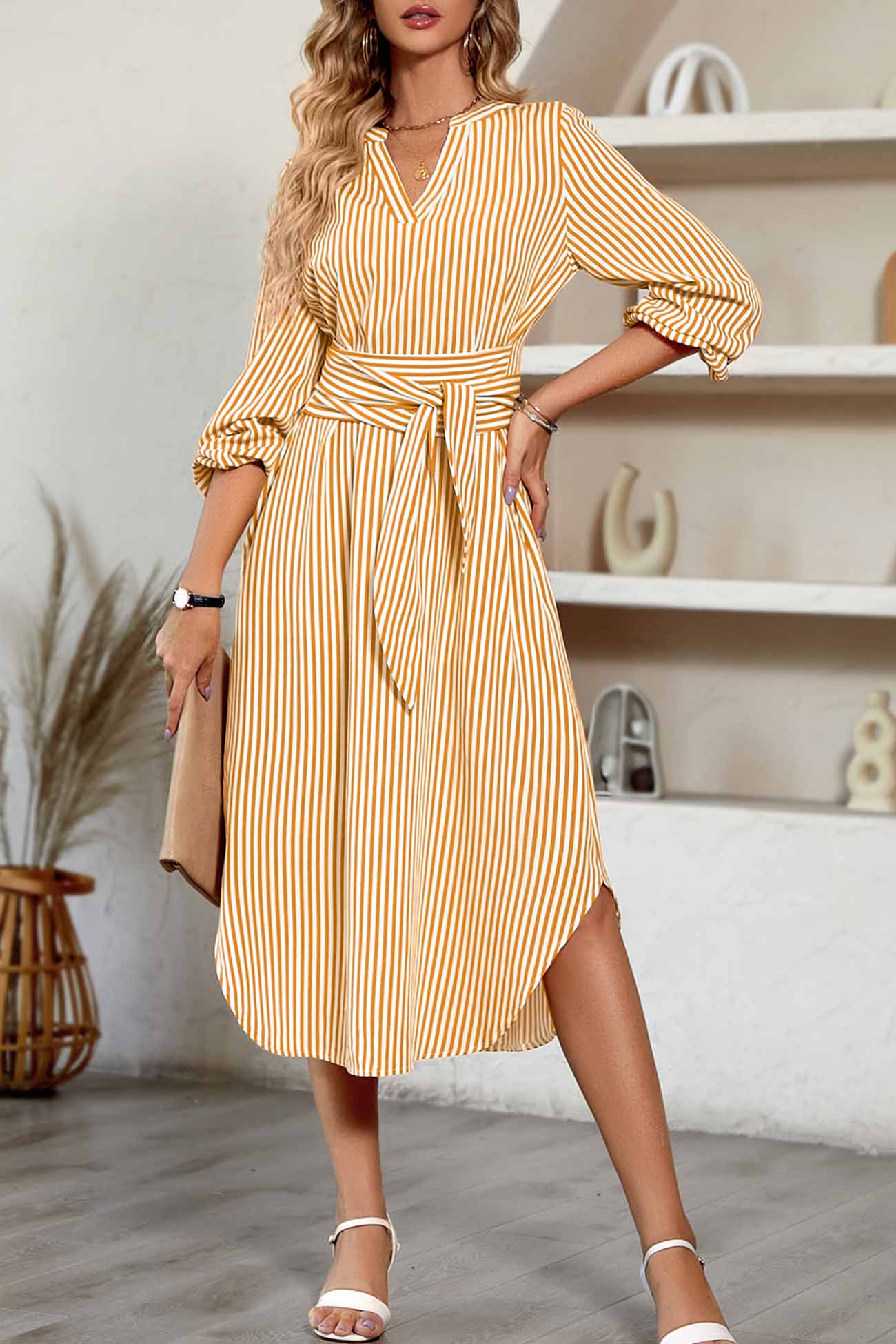 Striped V Neck Tie Waist Long Sleeve Midi Dress InsStreet