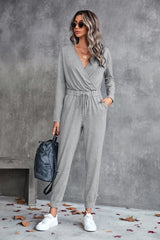 Drawstring Waist Surplice Long Sleeve Jumpsuit Ins Street