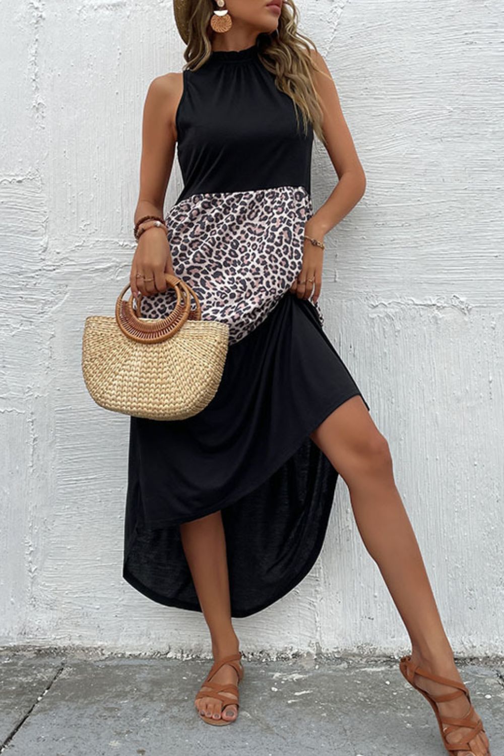 Leopard Contrast Sleeveless Maxi Dress Ins Street