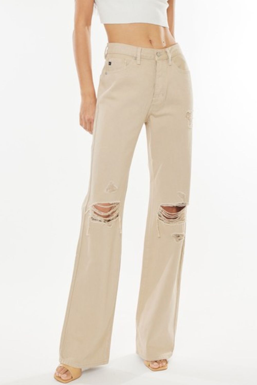 Kancan High-Rise Distressed Flare Jeans in Taupe Ins Street