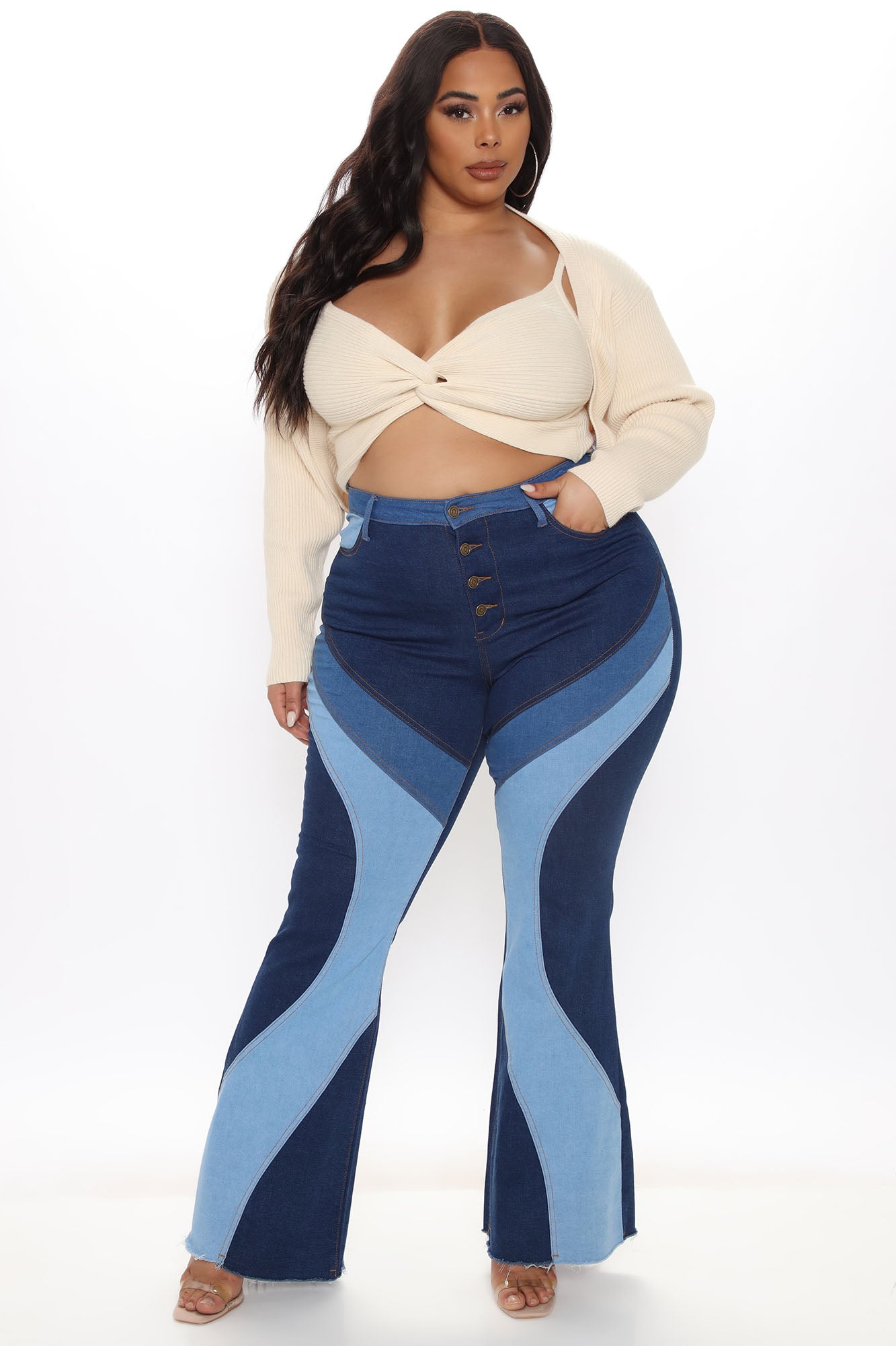 Devil In The Details Patchwork Flare Jeans - Dark Wash Ins Street