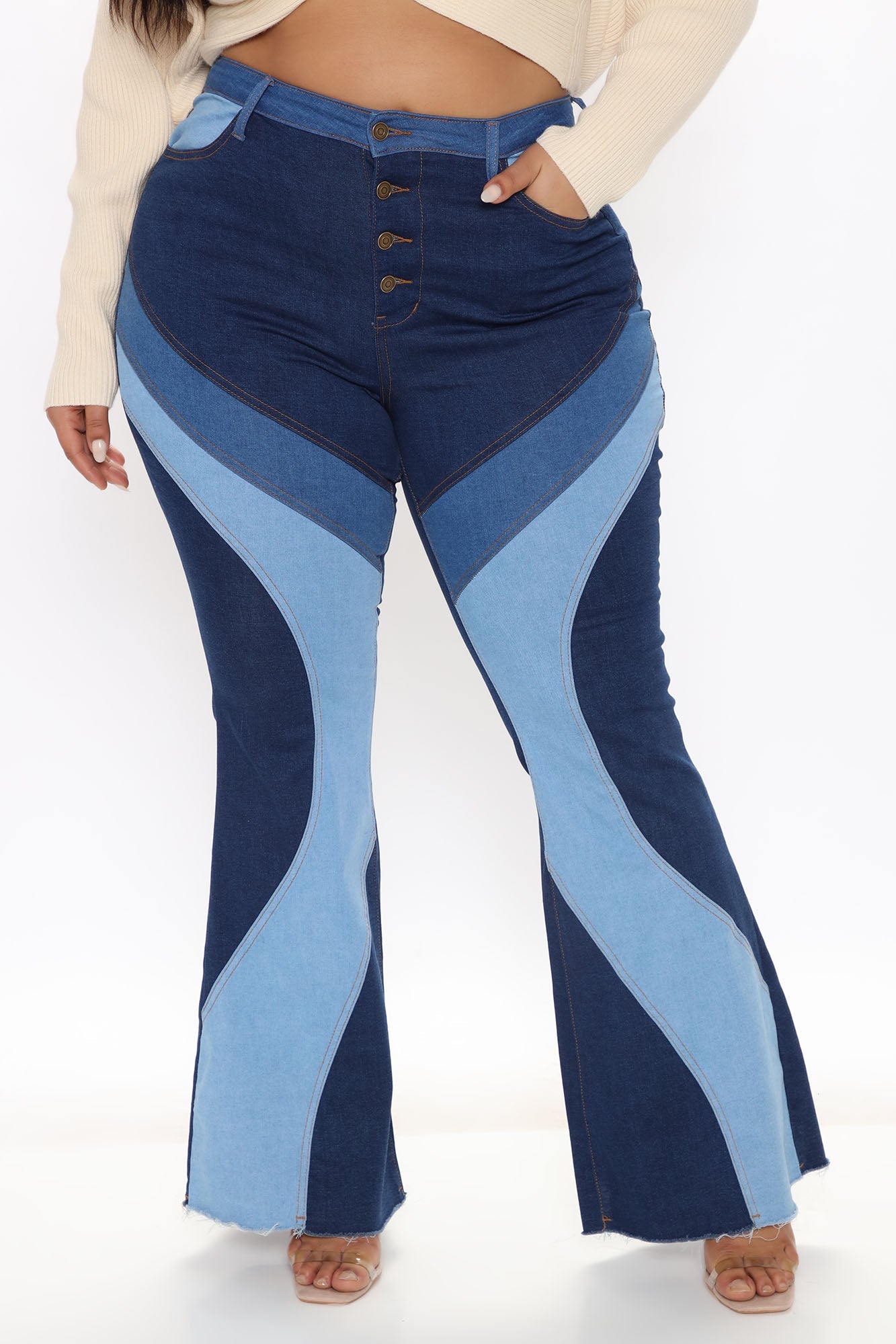 Devil In The Details Patchwork Flare Jeans - Dark Wash Ins Street