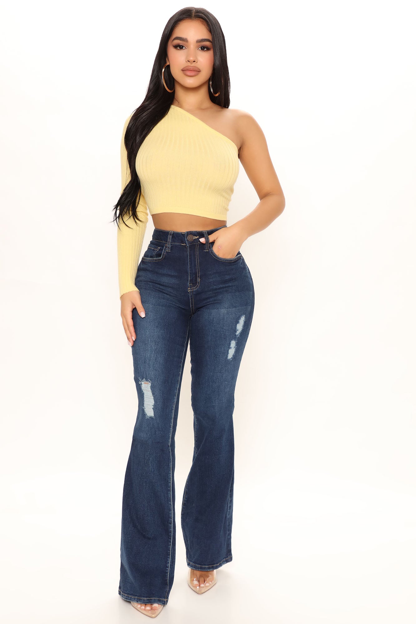 Distressed Slimming Flare Jeans - Dark Wash Ins Street