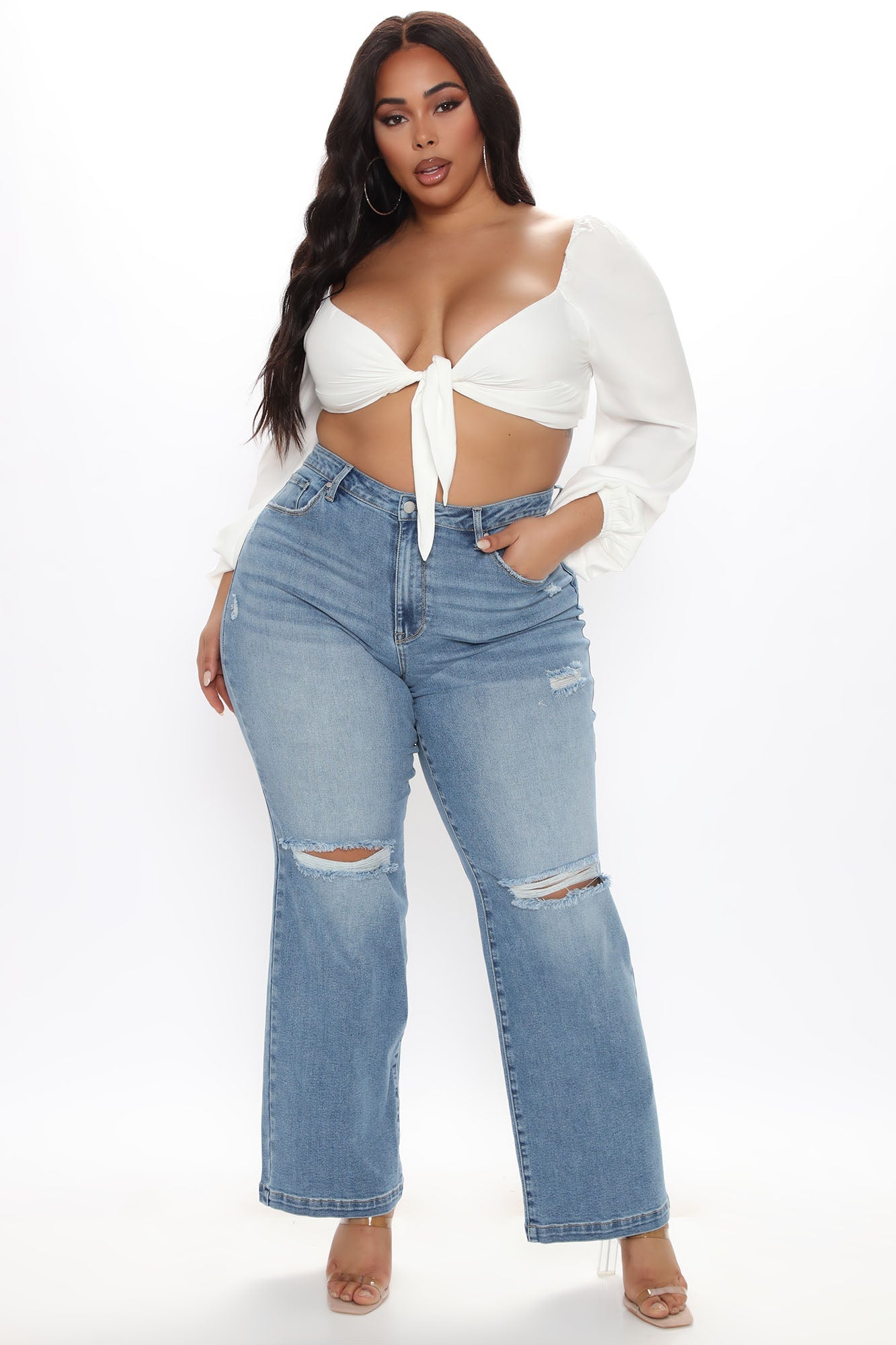 Longing For You Distressed Wide Leg Jeans - Medium Blue Wash Ins Street