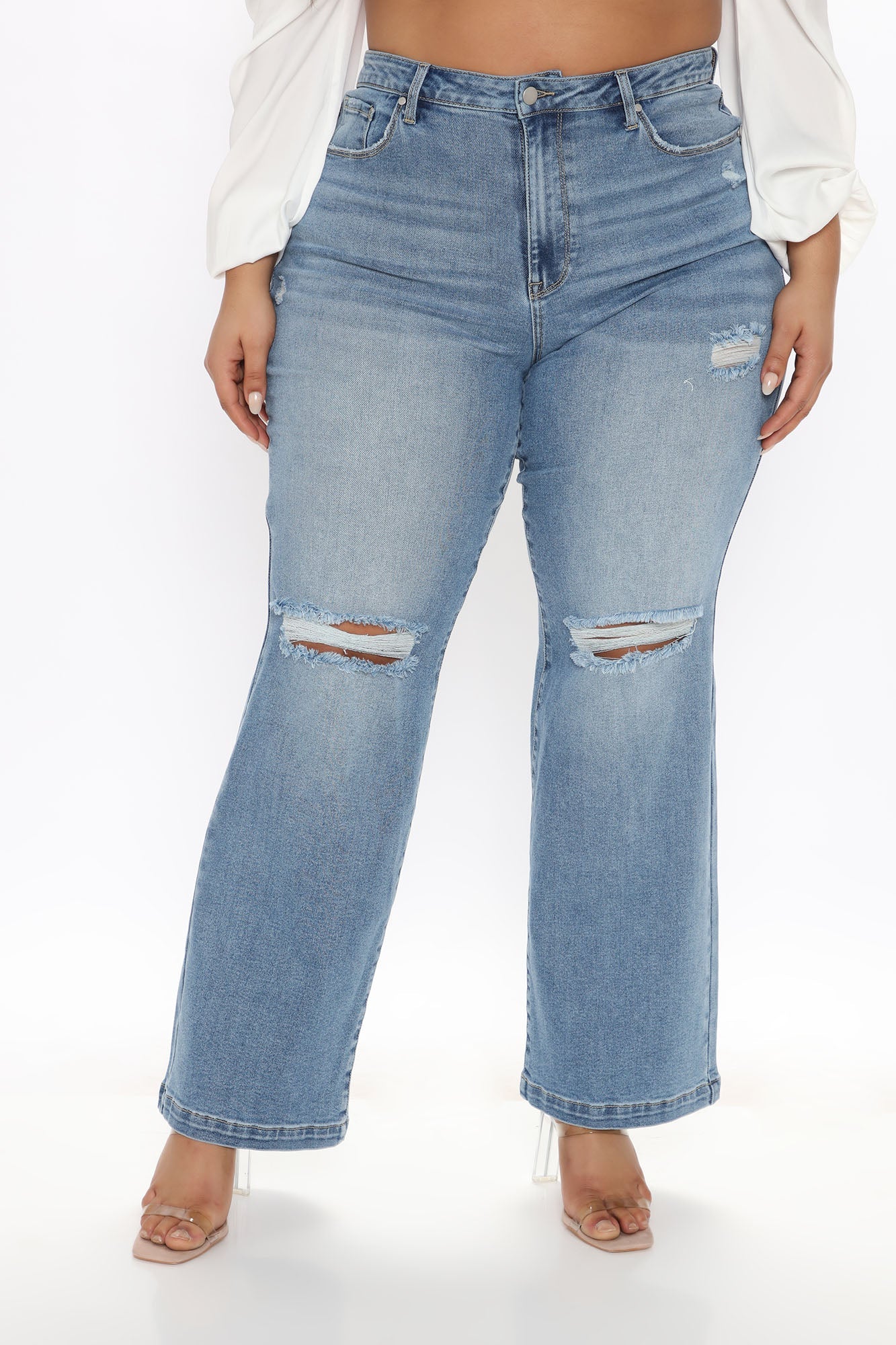 Longing For You Distressed Wide Leg Jeans - Medium Blue Wash Ins Street
