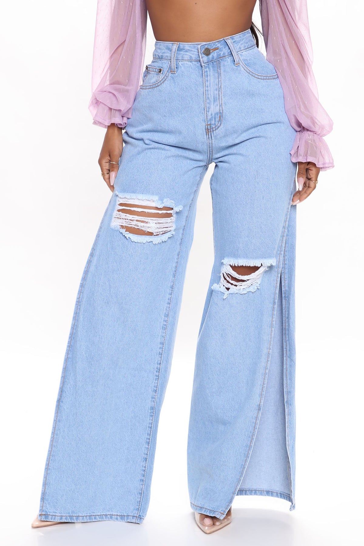 Just A Peek Side Slit Jeans - Light Blue Wash Ins Street
