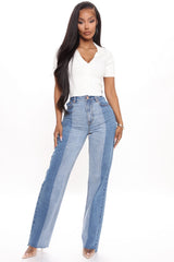 Pick A Side Two Tone Straight Leg Jeans - Medium Blue Wash Ins Street