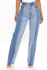 Pick A Side Two Tone Straight Leg Jeans - Medium Blue Wash Ins Street