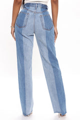Pick A Side Two Tone Straight Leg Jeans - Medium Blue Wash Ins Street